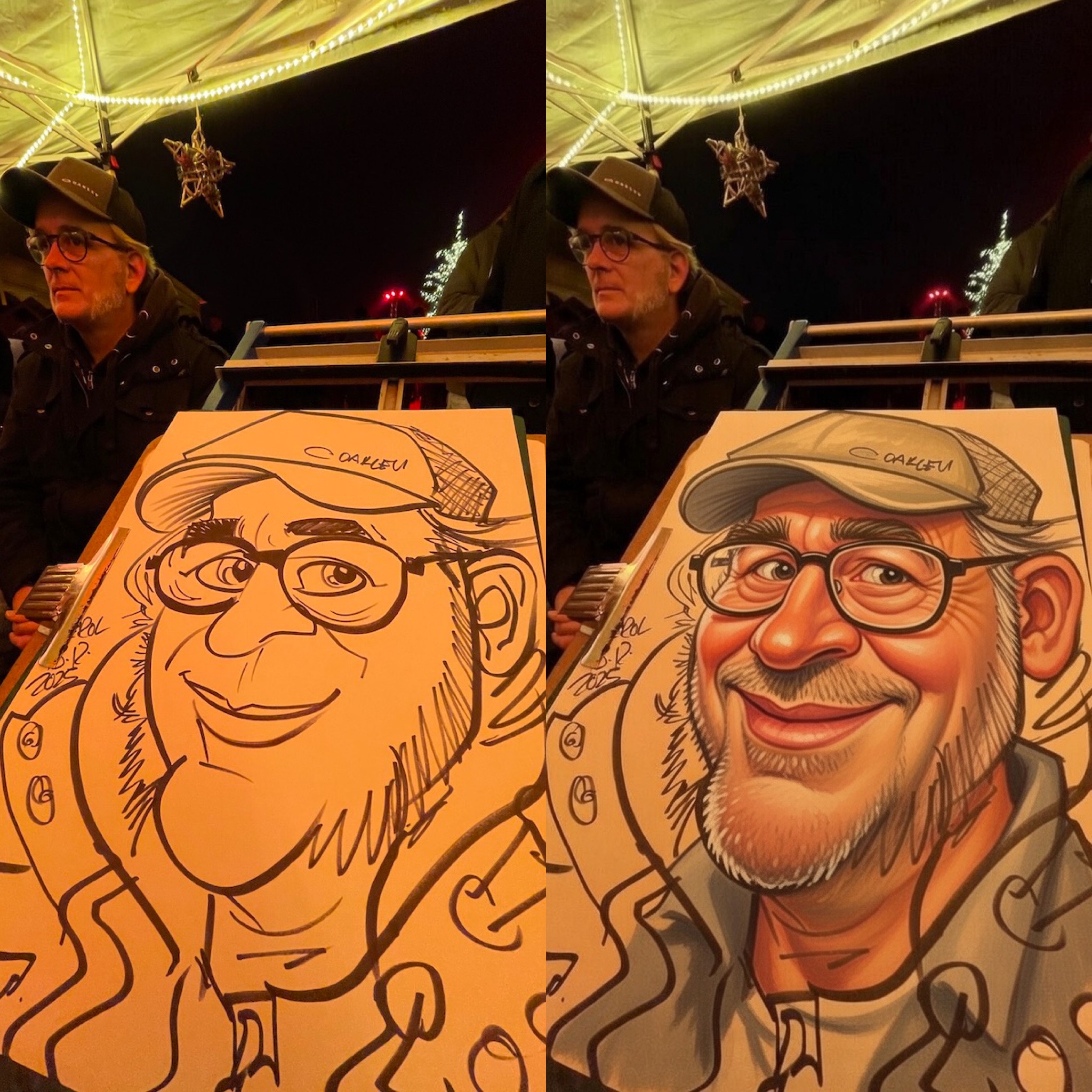 Karikatur Markerzeichnung neben KI_veredelter Kolorierung