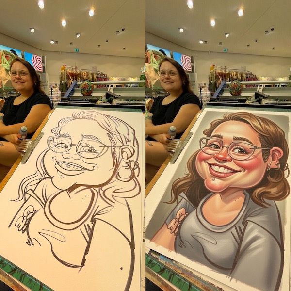 Klassische Karikatur nebst der KI Kolorierung