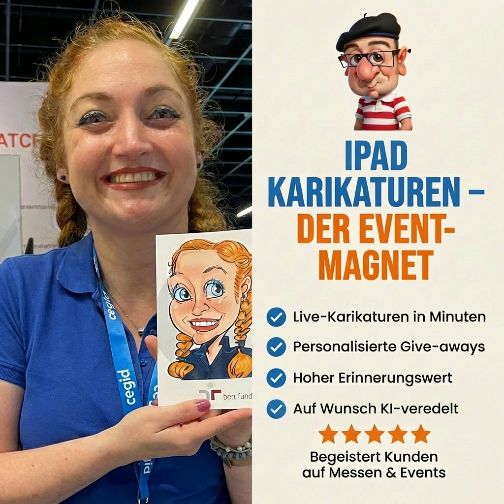Junge Mitarbeiterin präsentiert ihre Bierdeckel-Karikatur beim Event in Ettlingen