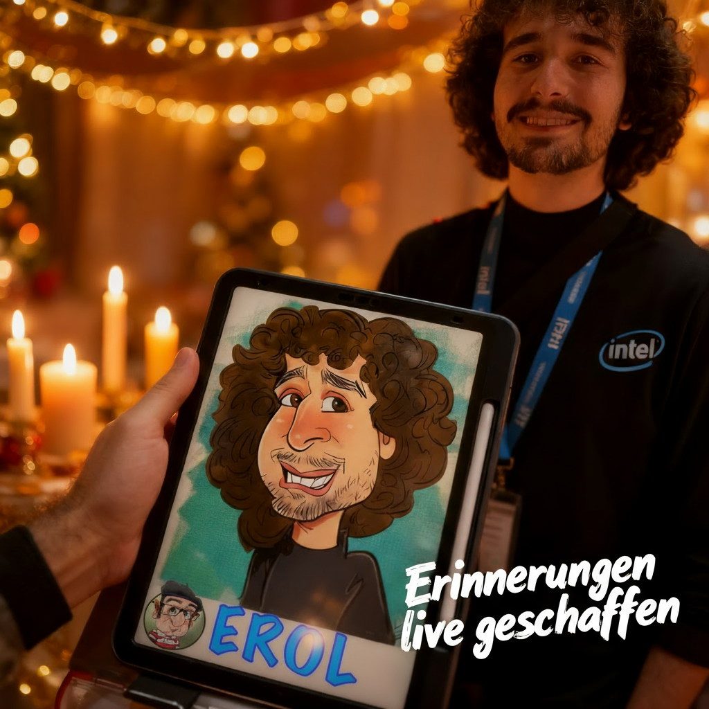 Mitarbeiter zeigt stolz seine Bierdeckel-Karikatur beim Event in Ettlingen